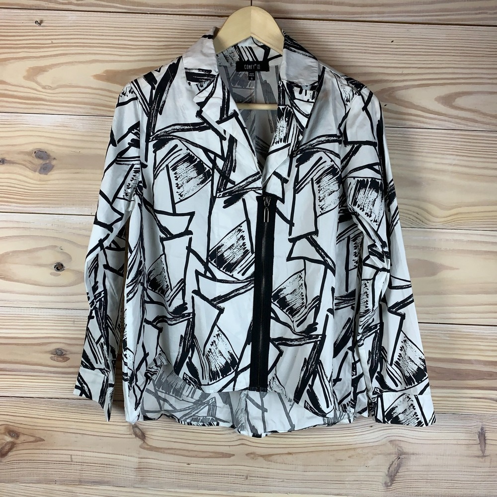 Comfy USA Top Women Small Artsy Geometric Print Asymmetrical Zip Jacket
